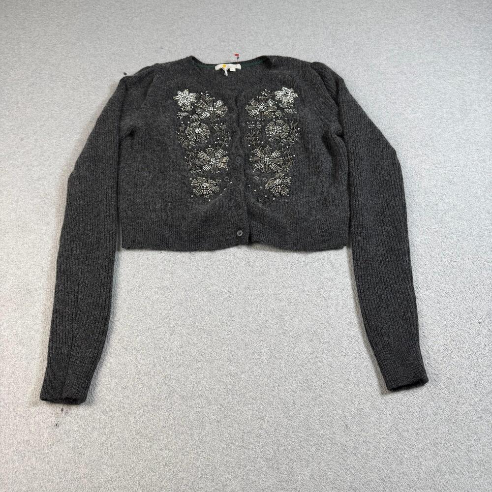 Boden Sweater Women Medium Gray Cardigan Beaded Floral Cropped Twee Artsy Office